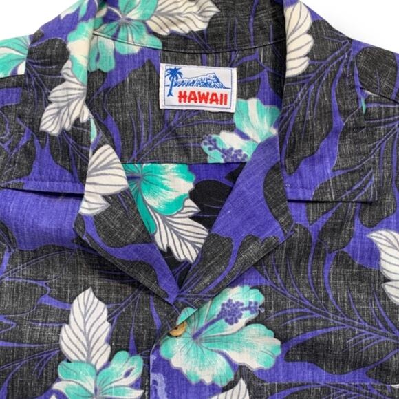 Vintage Hawaiian Printed Aloha Shirt Purple Green Hibiscus Floral Short Sleeve - Picture 5 of 6